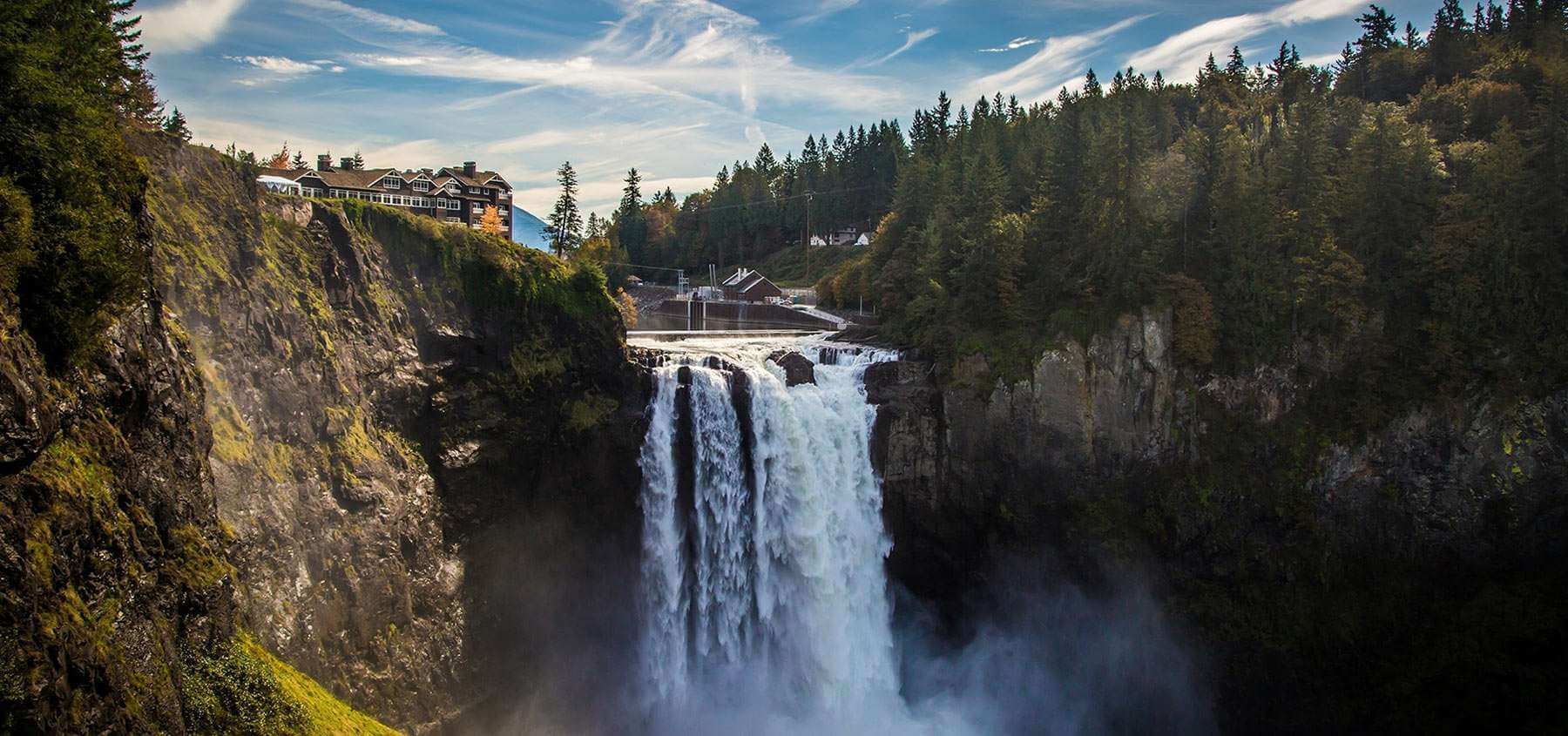 A hotel sits above Snoqualmie Falls, one of the most well-known waterfalls in Washington State.