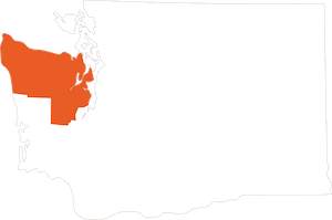 A white map of Washington with the Peninsulas region highlighted.