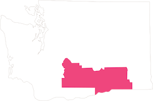 A white map of Washington with the Wine Country region highlighted.