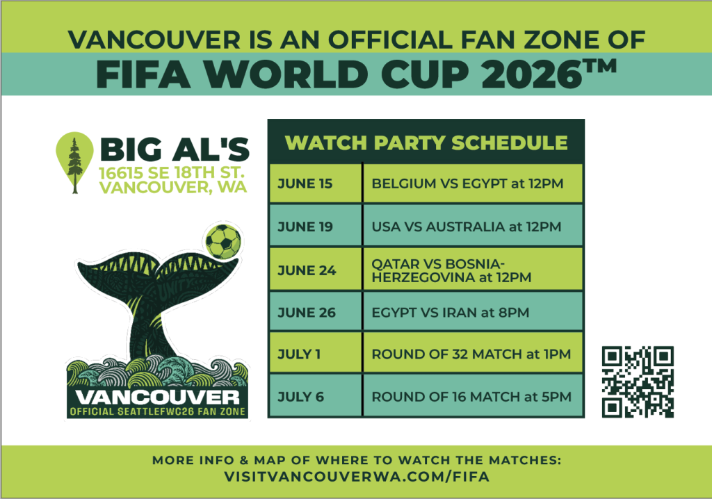 Graphic showing the schedule for FIFA watch parties at Big Al's in Vancouver:
June 15: Noon
June 19: Noon
June 24: Noon
June 26: 8 p.m.
July 1: 1 p.m.
July 6: 5 p.m.