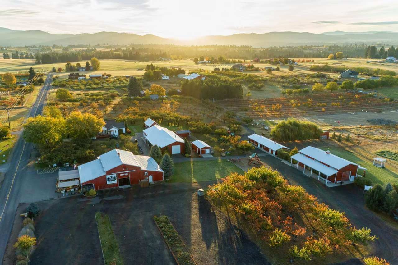 Aerial view of barns and farms in Green Bluff outside Spokane 