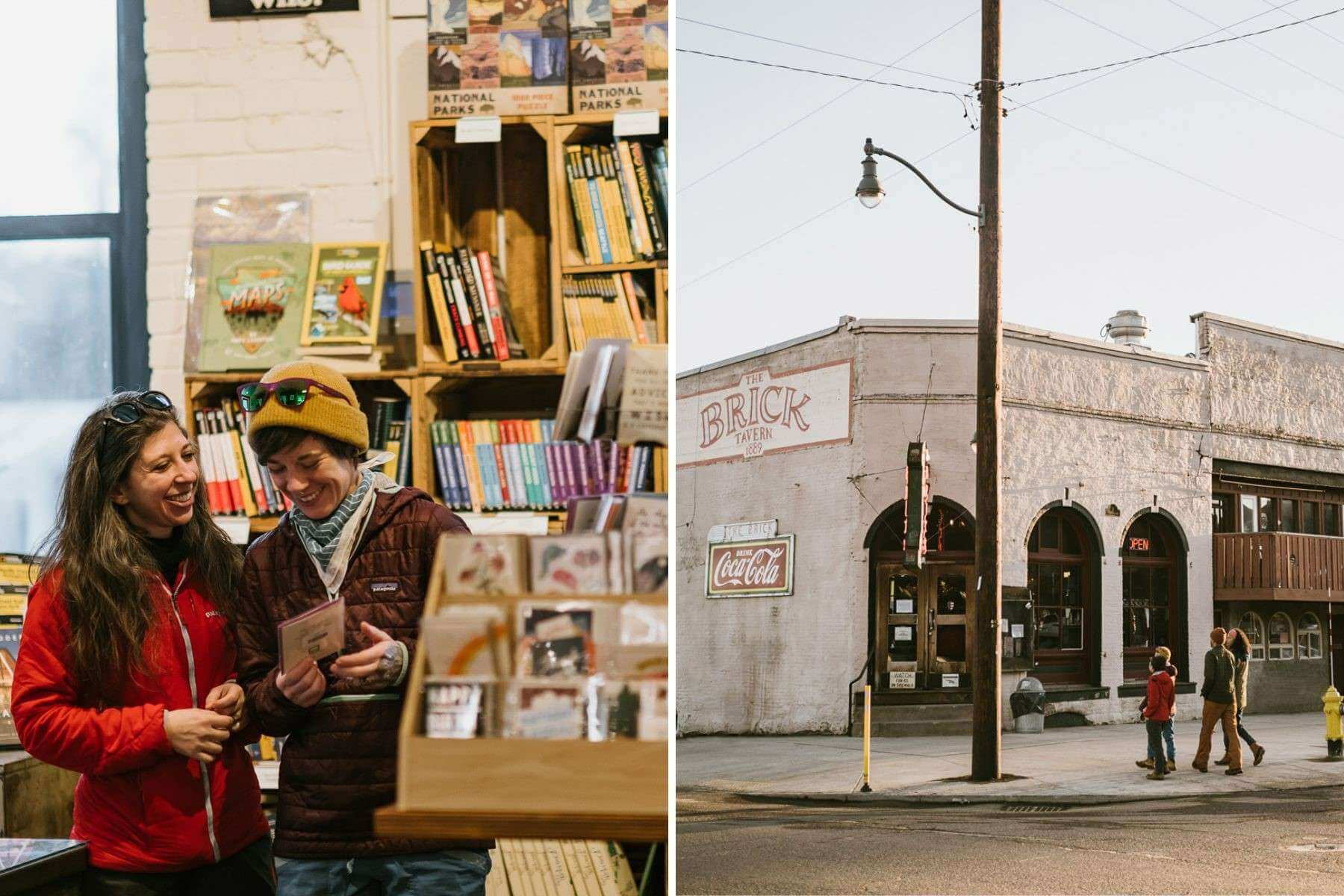 Left: Two women browse for books inside a bookstore. Right: Two couples walk down the street past The Brick Tavern in Roslyn. 