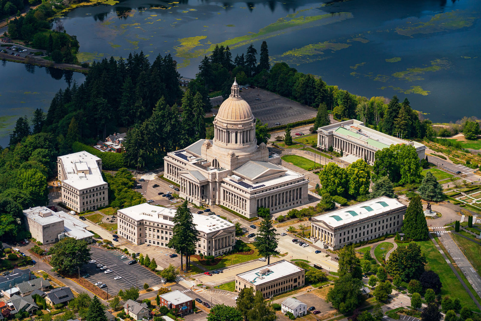 Aerial view of the Capitol Building along the water in Olympia