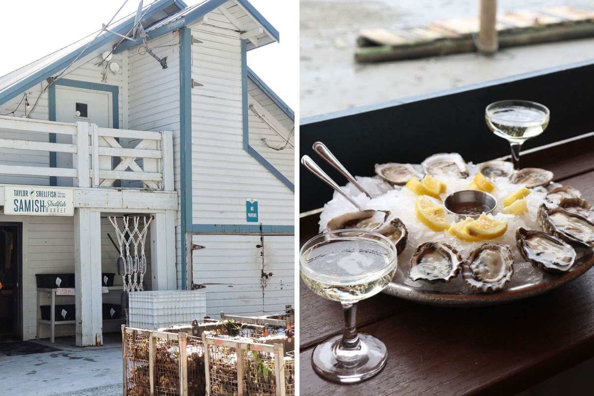 Left photo: Exterior of white building at Taylor Shellfish Farms' Samish Location. Right photo: Oysters on the half shell and two cocktails