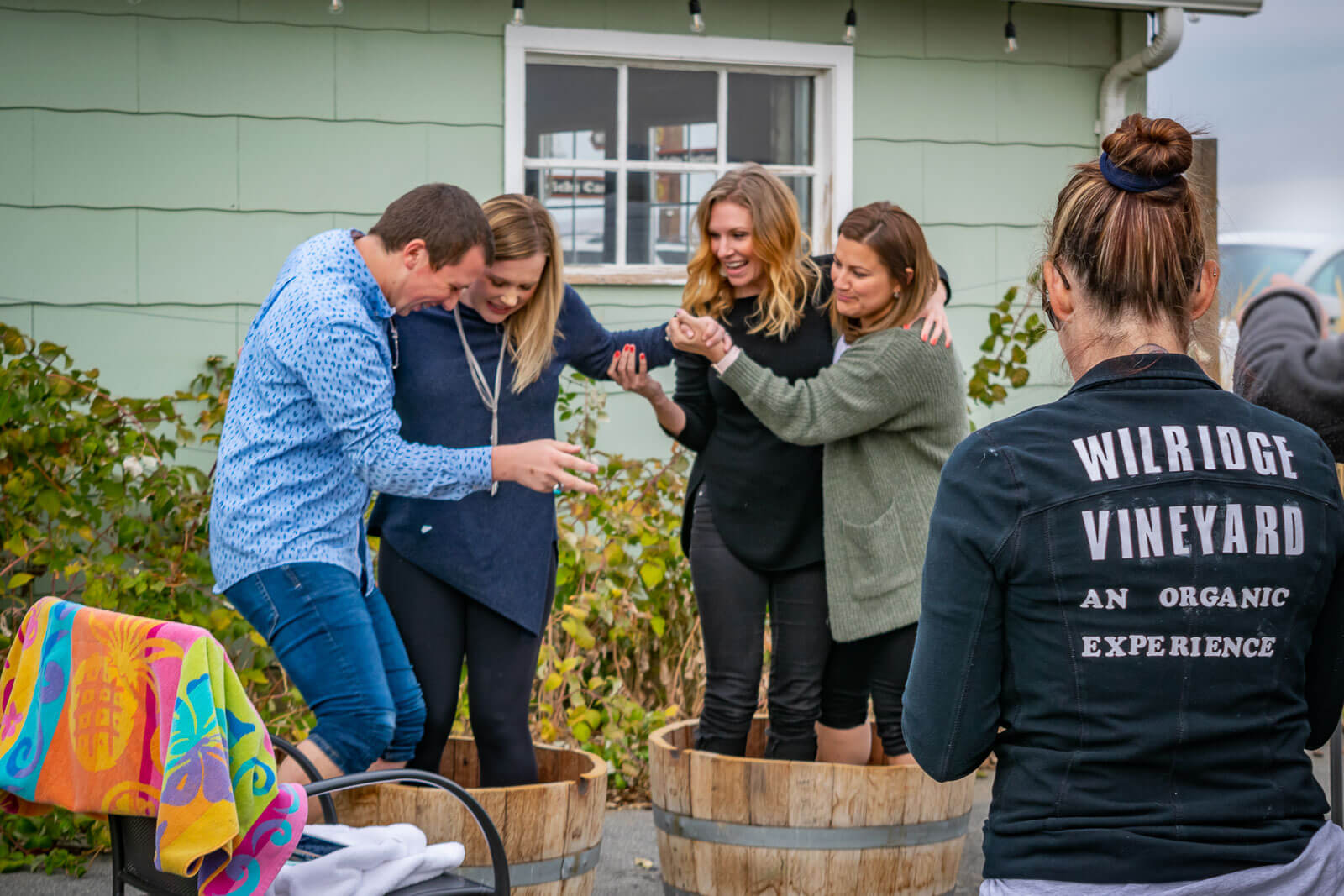 Two couples stomp grapes in wine barrels during Catch the Crush, an event during fall in Washington Wine Country