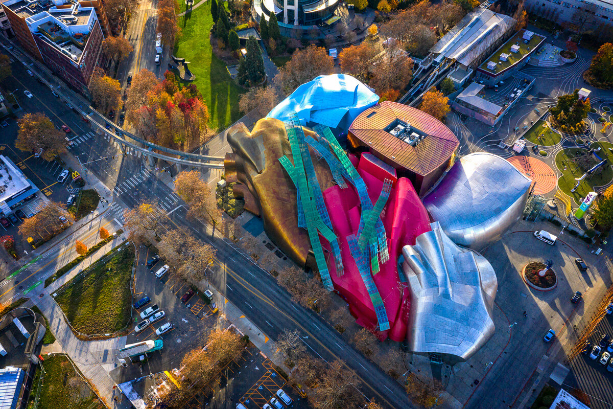 An aerial view of the colorful exterior of MoPOP, the Museum of Pop Culture in Seattle