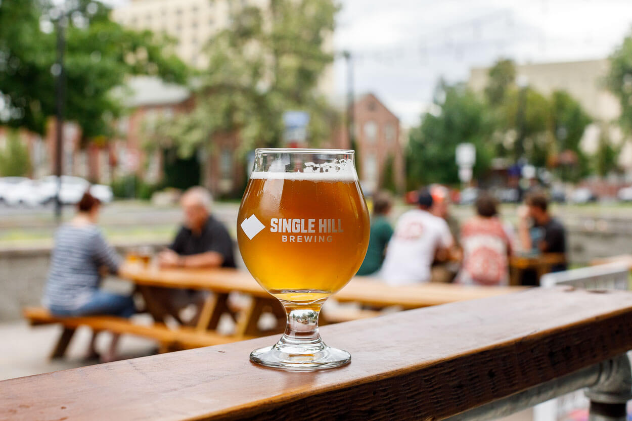 An amber beer in a glass at Single Hill Brewing. 