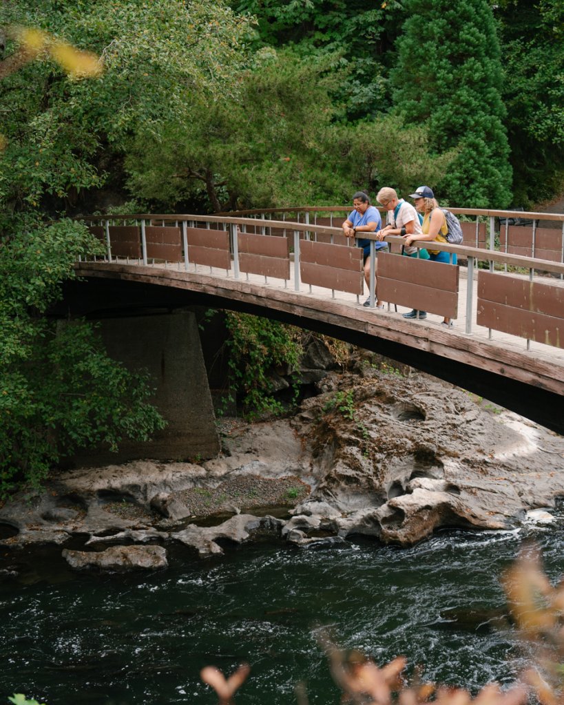 Three women rest their arms on the railing of a bridge and look down at a small river.