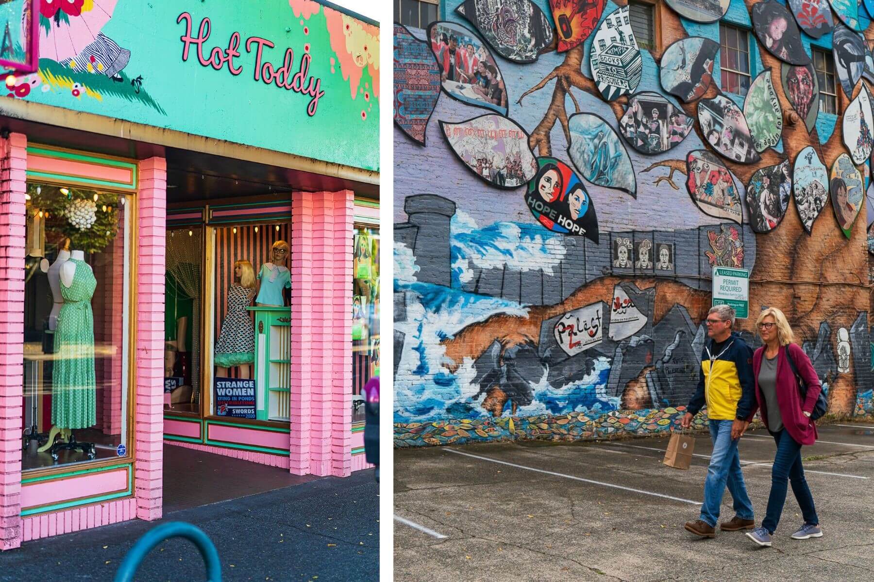 Left: The pink and green exterior or Hot Toddy clothing store. Right: A man and women hold hands and walk past a mural depicting a large tree with painted leaves. 
