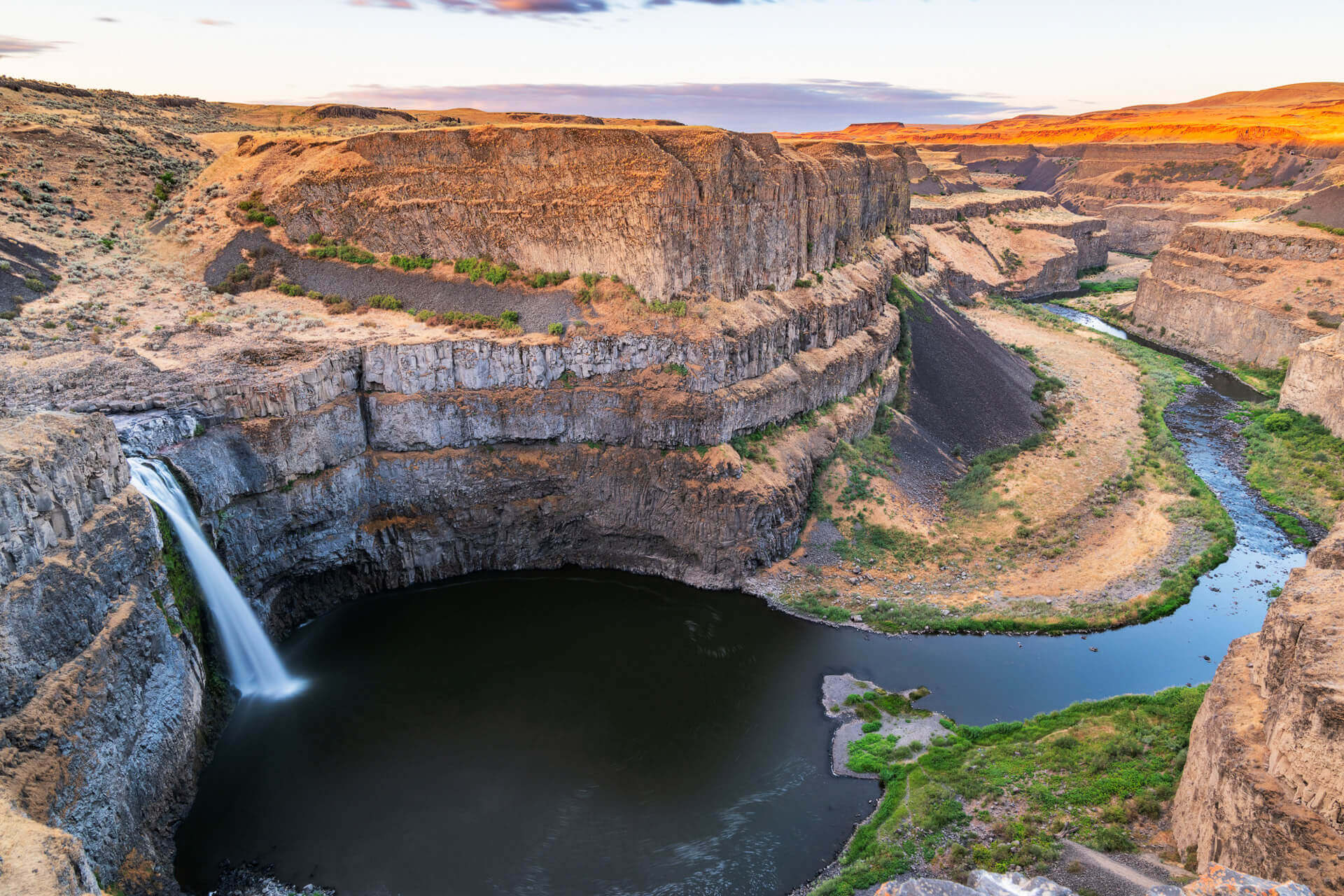 An aerial view of Palouse Falls, Washington's official state waterfall.