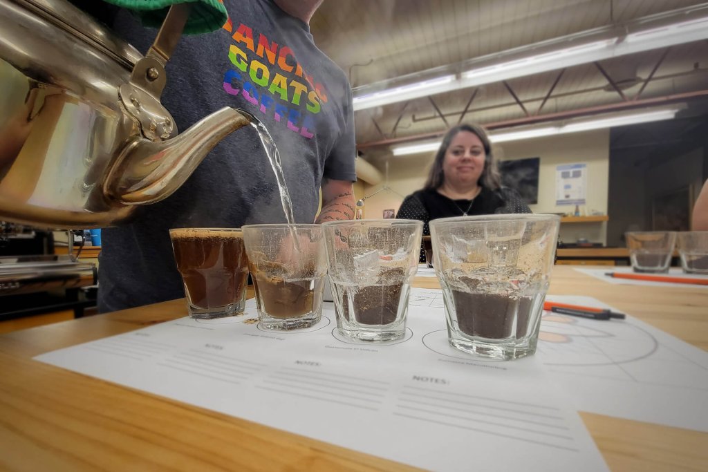 Washington State Coffee Roasters: A man pours hot water into one of four glasses holding ground coffee at Dancing Goats Coffee