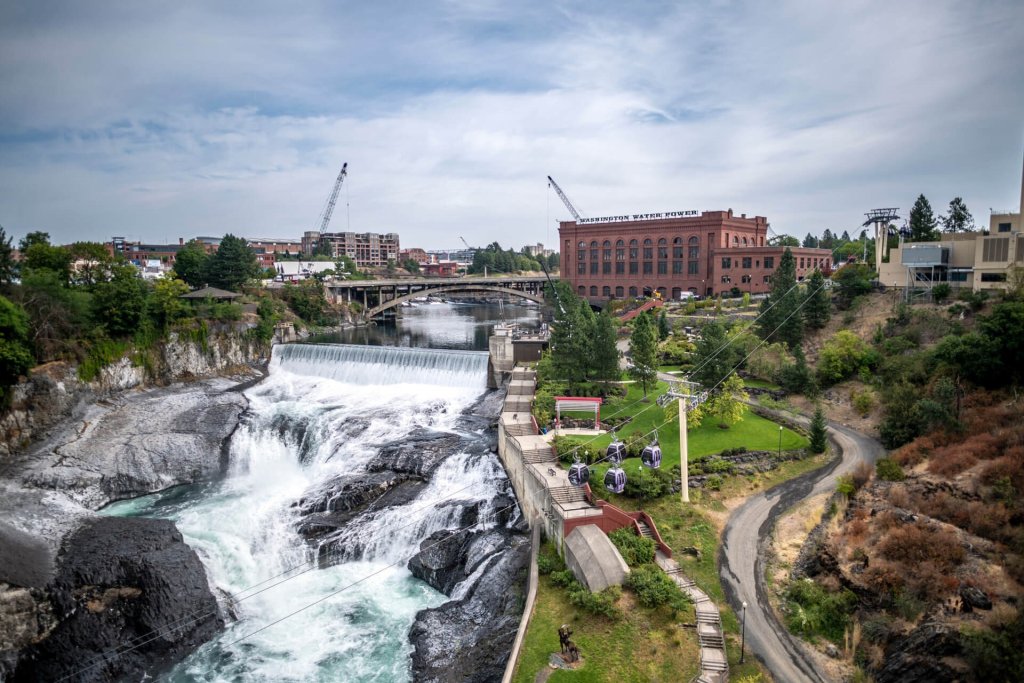 An aerial view of Spokane Falls in Spokane with the SkyRide gondola.