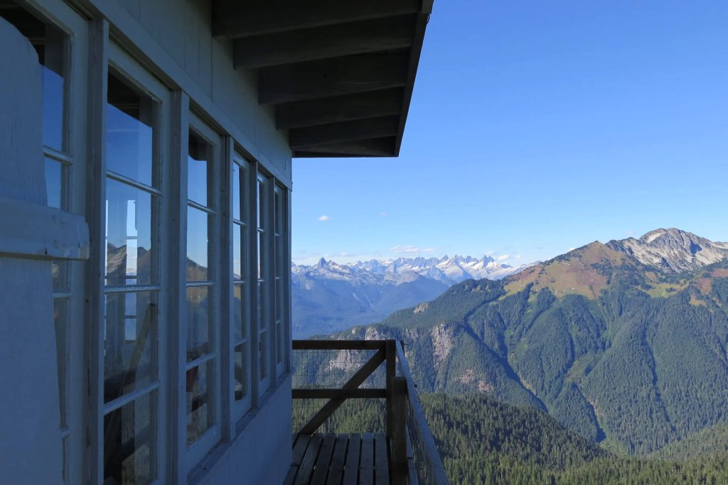 View of tree-covered hillsides from the fire lookout tower at Lookout Mountain.