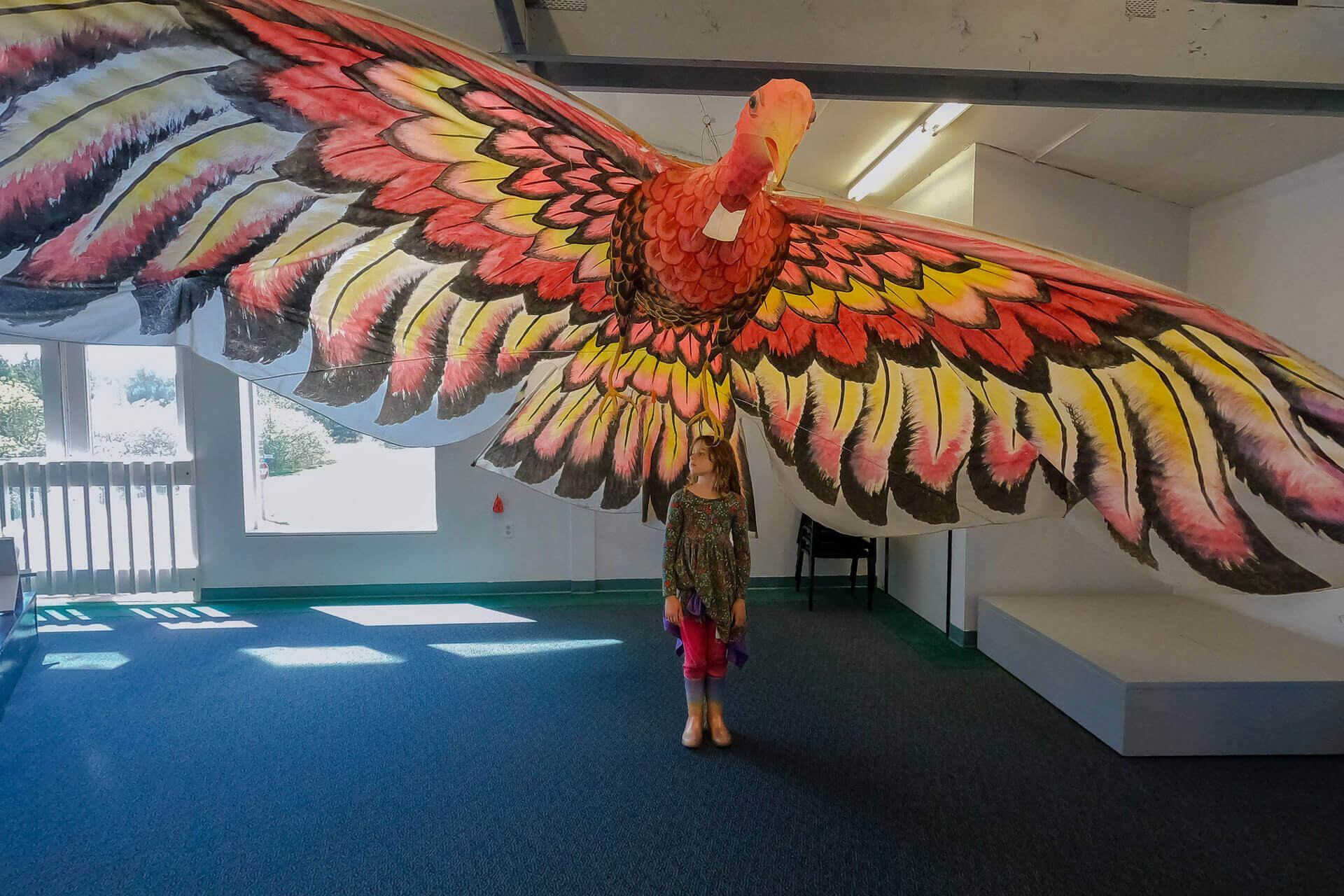 A young girl stands under a large kite shaped like a bird at a museum in Long Beach Washington
