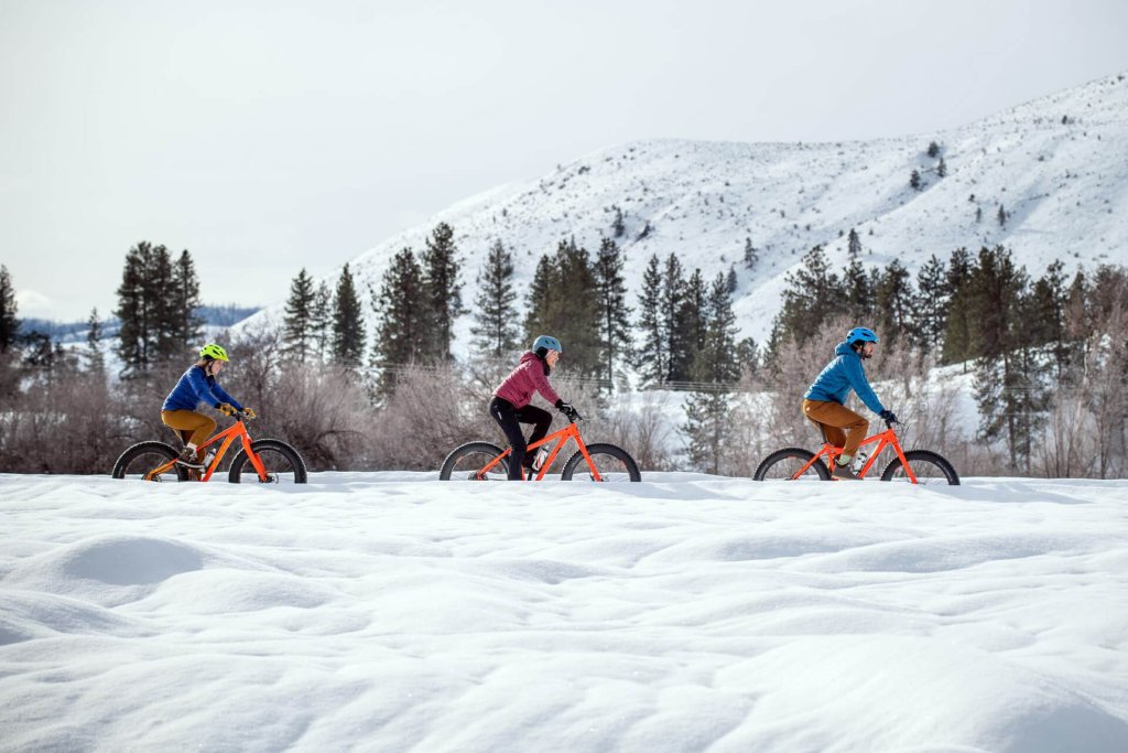 Three people ride fat-tire bikes on a snow-covered trail with a small hillside in the distance