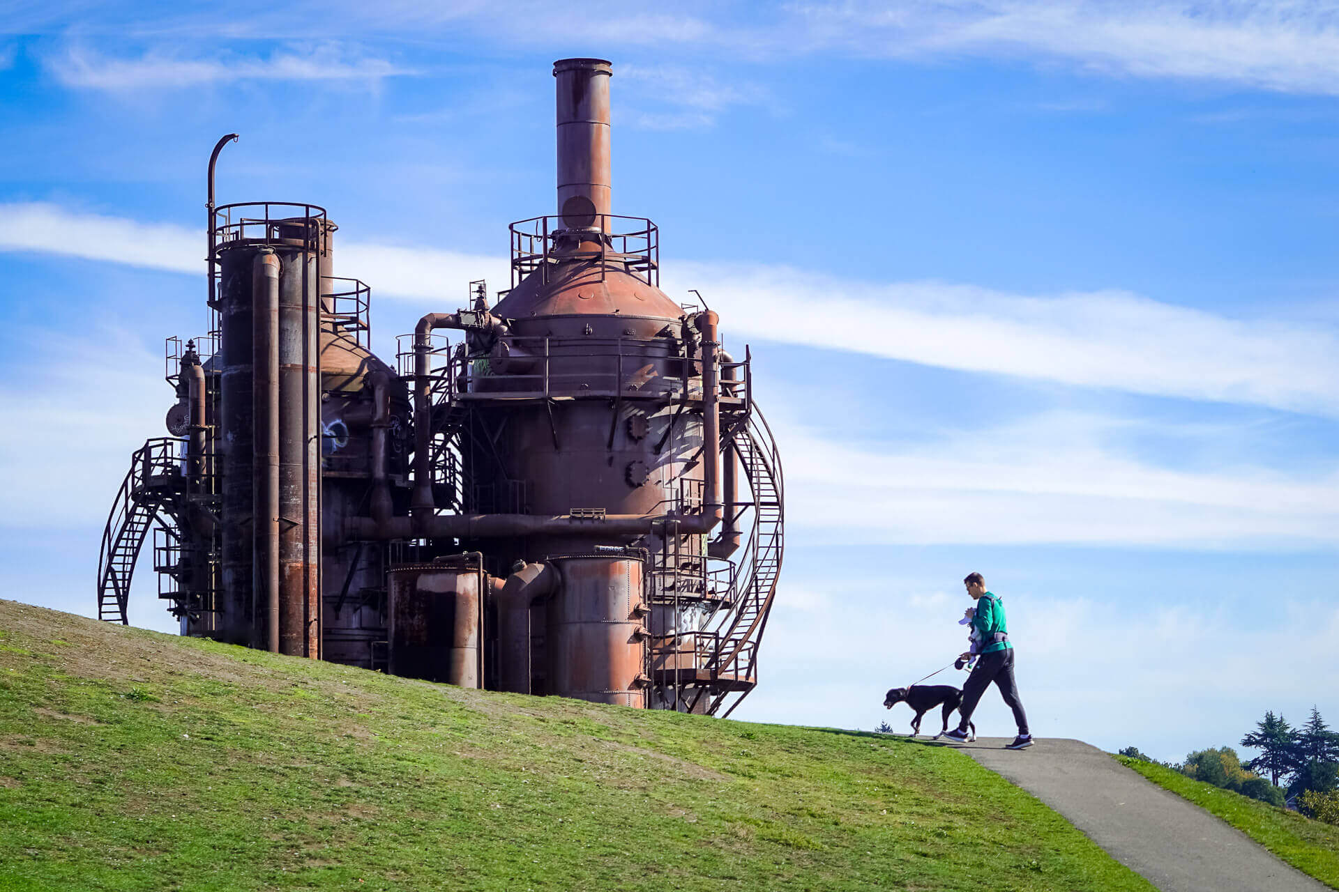 A man carrying a baby walks a dog at Gasworks Park in Seattle, one of Washington's dog-friendly destinations