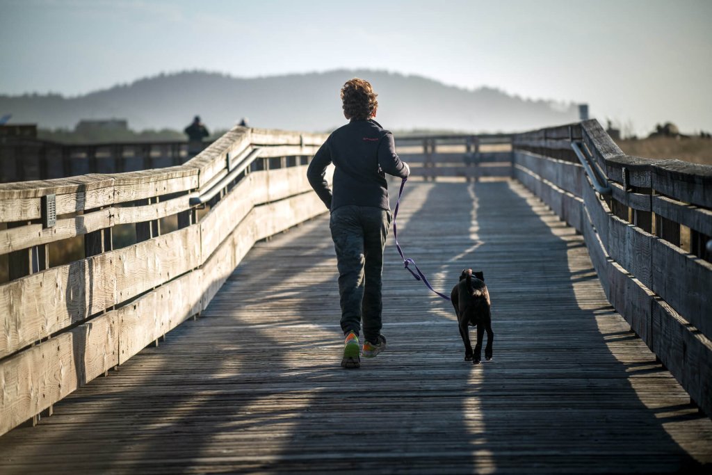 A young boy runs along a wooden boardwalk with a dog on a leash in Long Beach Washington, a dog-friendly vacation spot.