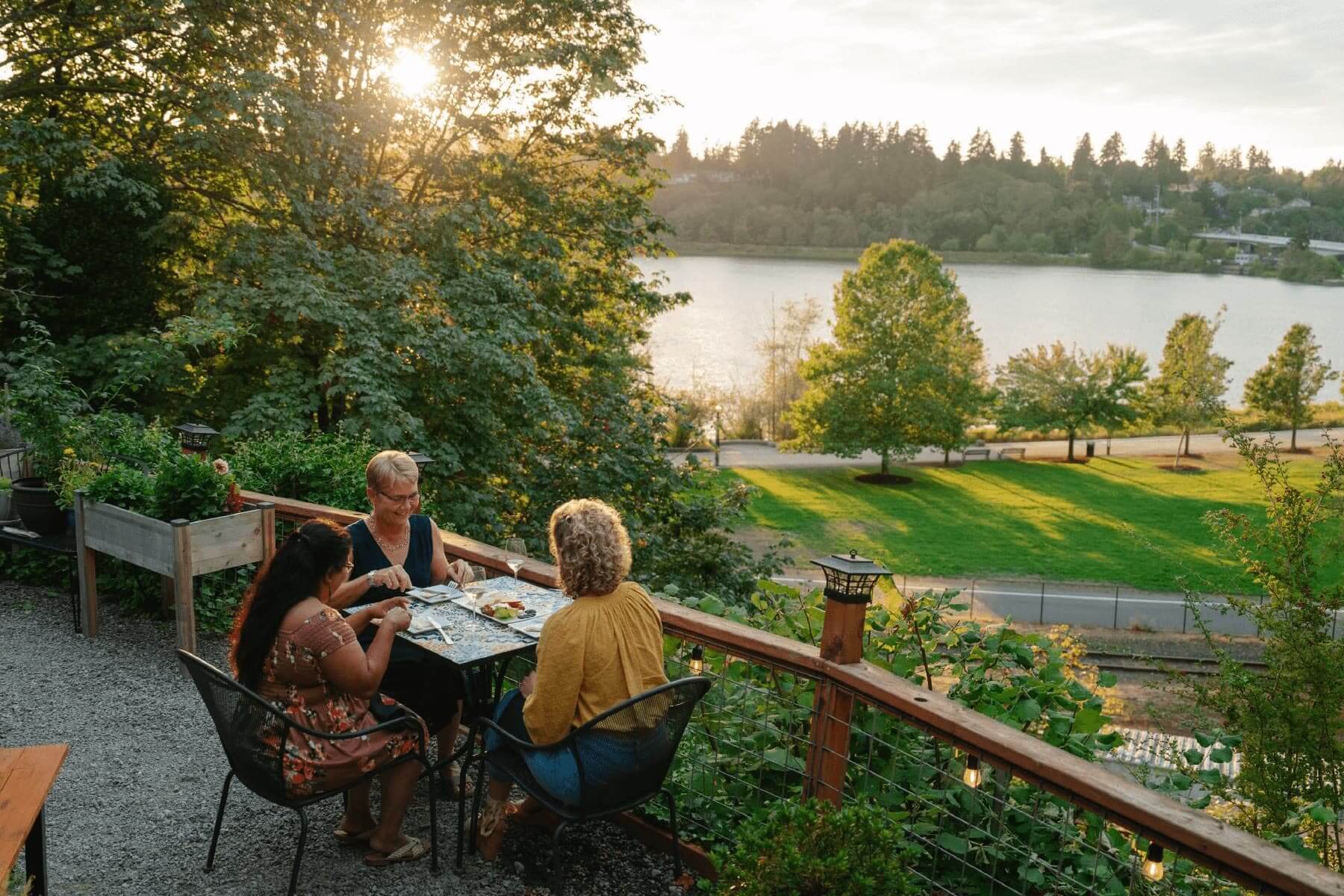 Friends outside at Swing Wine Bar in Olympia, WA.