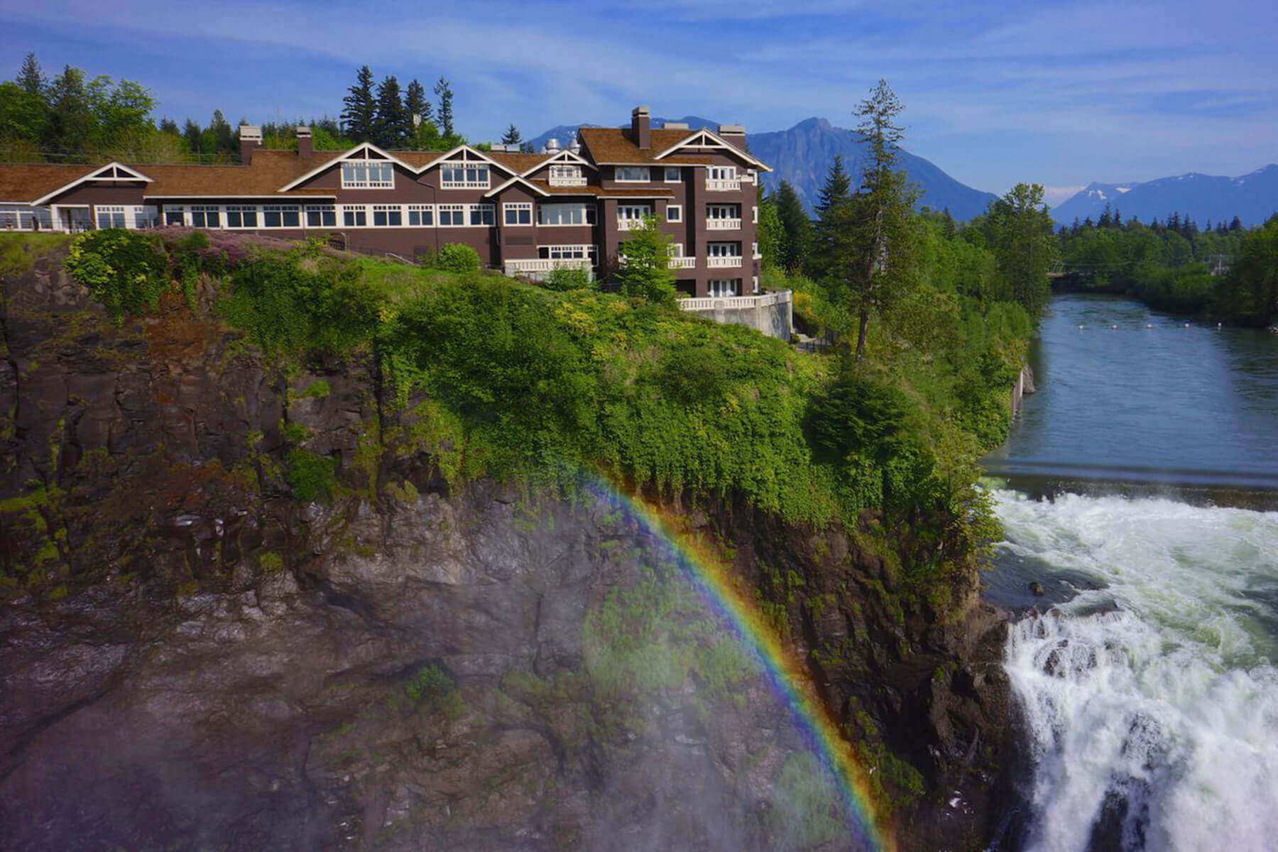 Exterior of Salish Lodge & Spa by Snoqualmie Falls. 