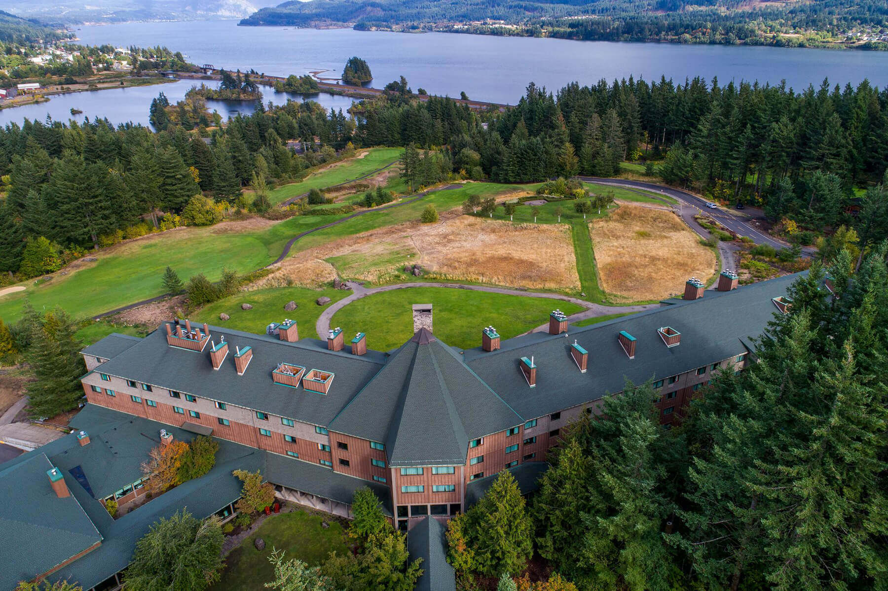 Birds' eye view at Skamania Lodge in the Columbia River Gorge. 