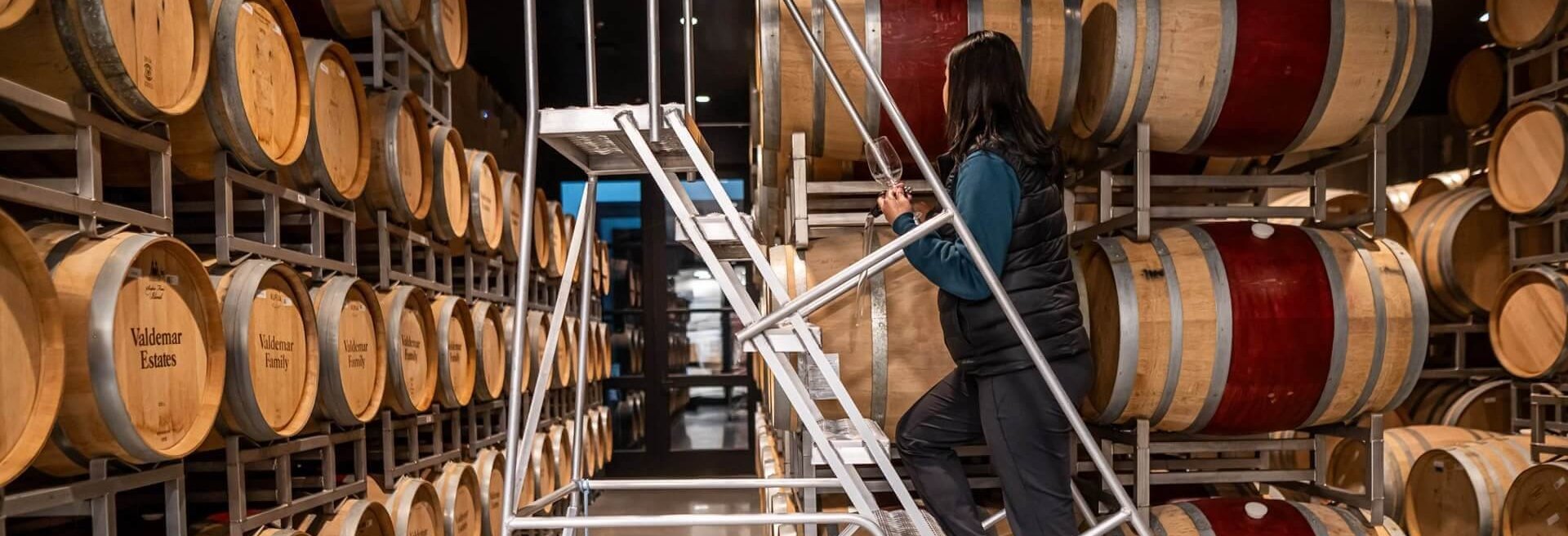 Devyani Gupta checks wine barrels while standing on a ladder.