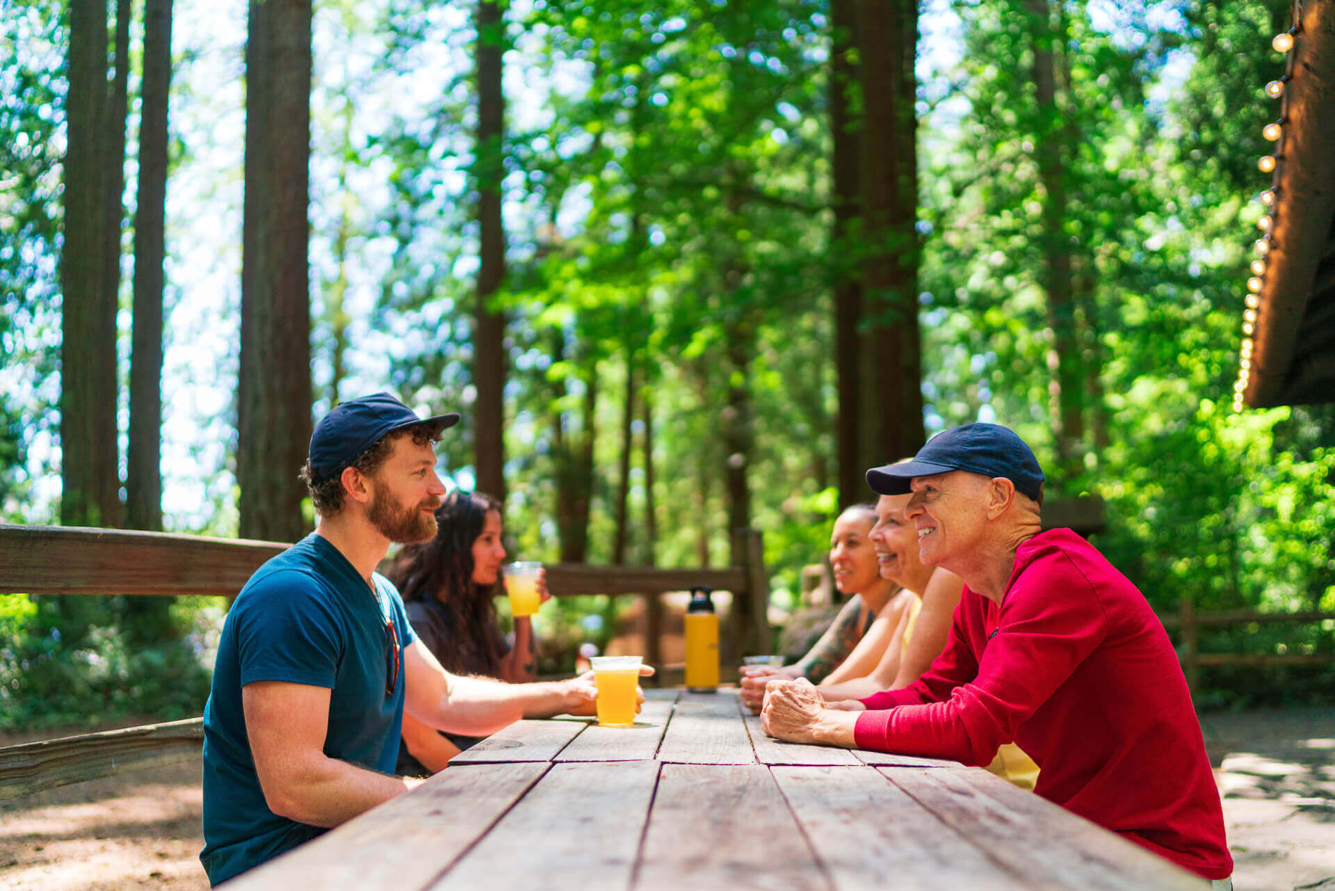 A group of people sip drinks at an outdoor picnic table at Millersylvania State Park