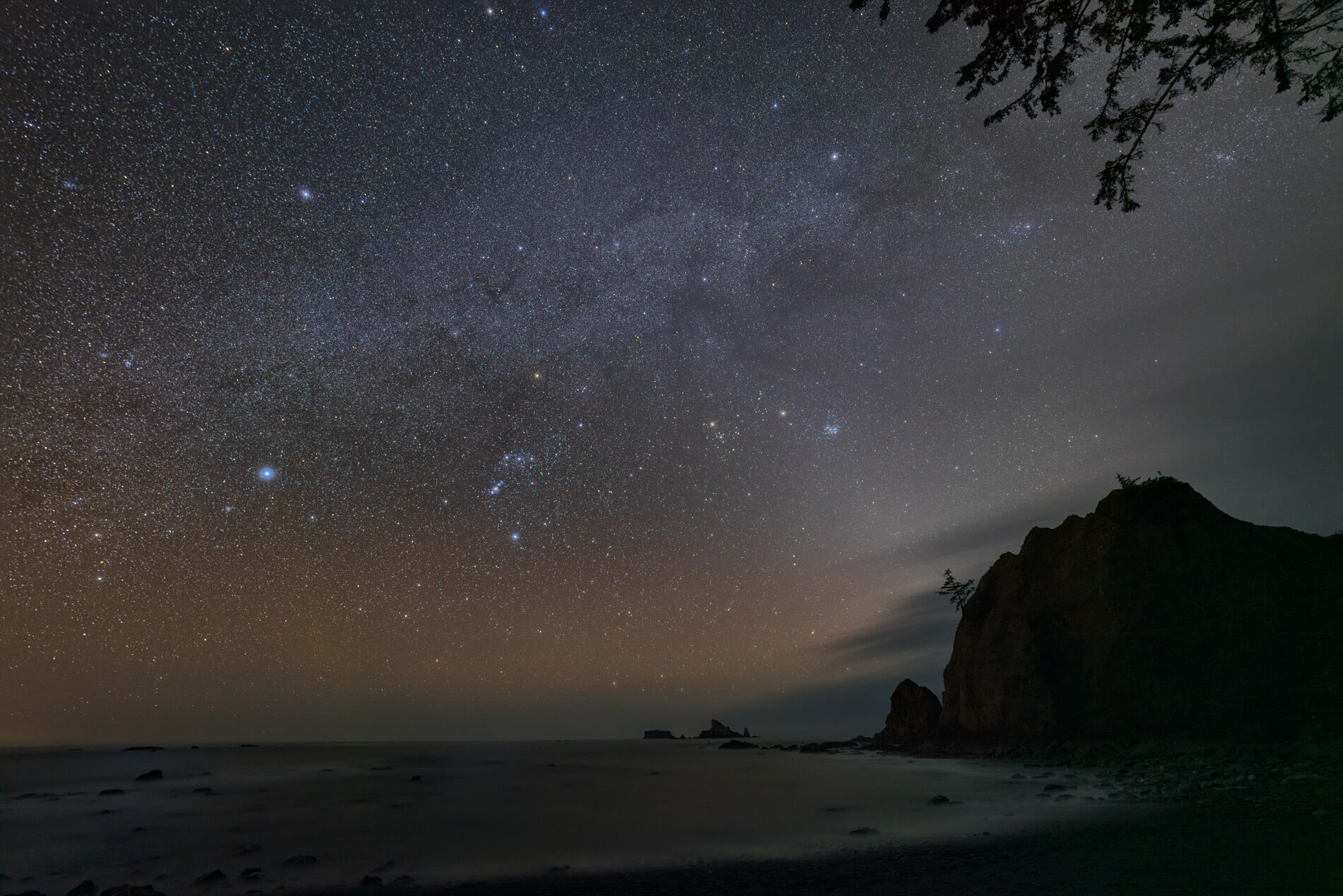 Photo of a starry dark sky over a beach in Washington State.