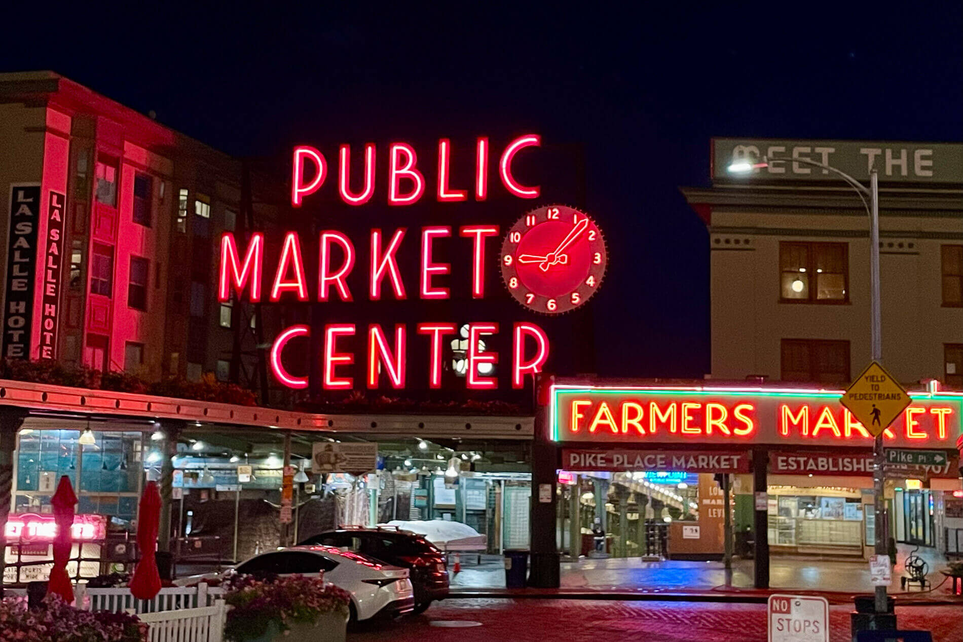 Exterior of the entrance to Pike Place Market in Seattle, one of many supposedly haunted places in Washington State.