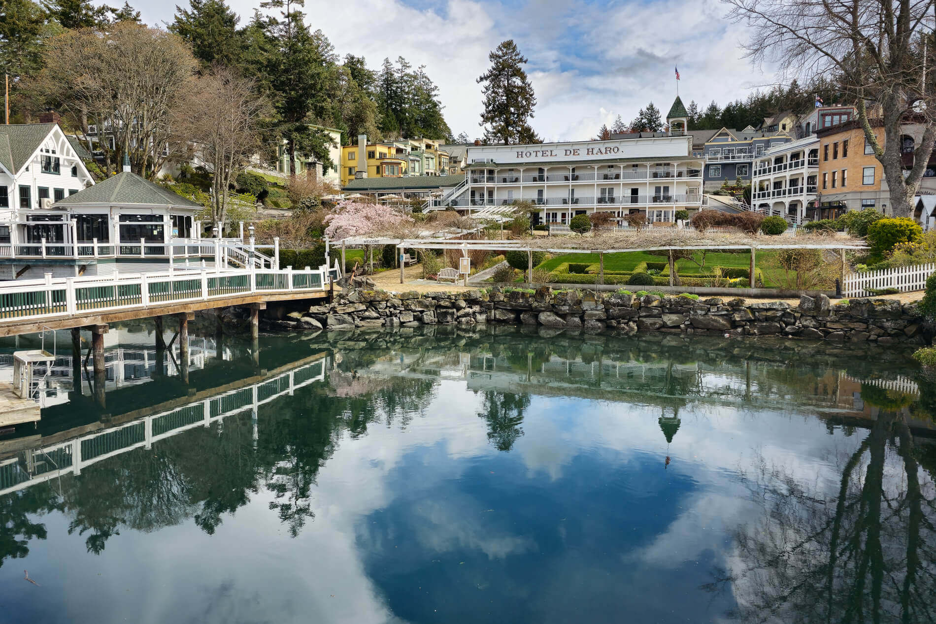 A photo of Roche Harbor Resort from the water during fall in San Juan Island.