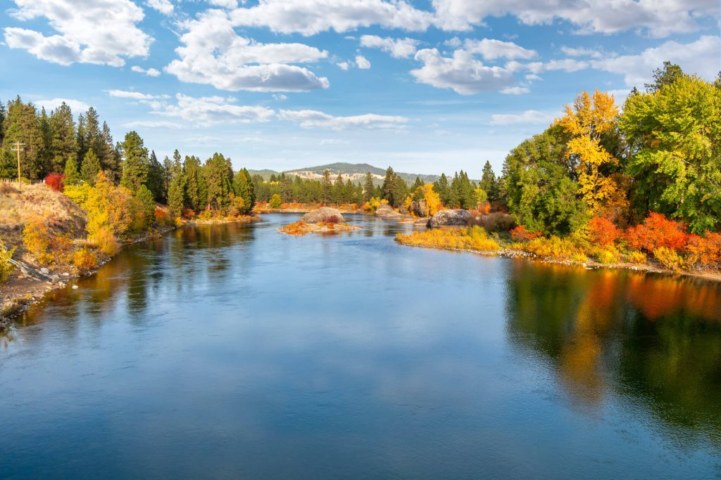 Photo of trees changing color during fall along the Spokane River