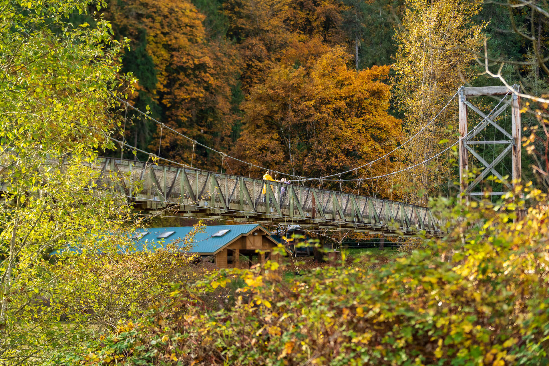 A woman and child stand on a suspension bridge