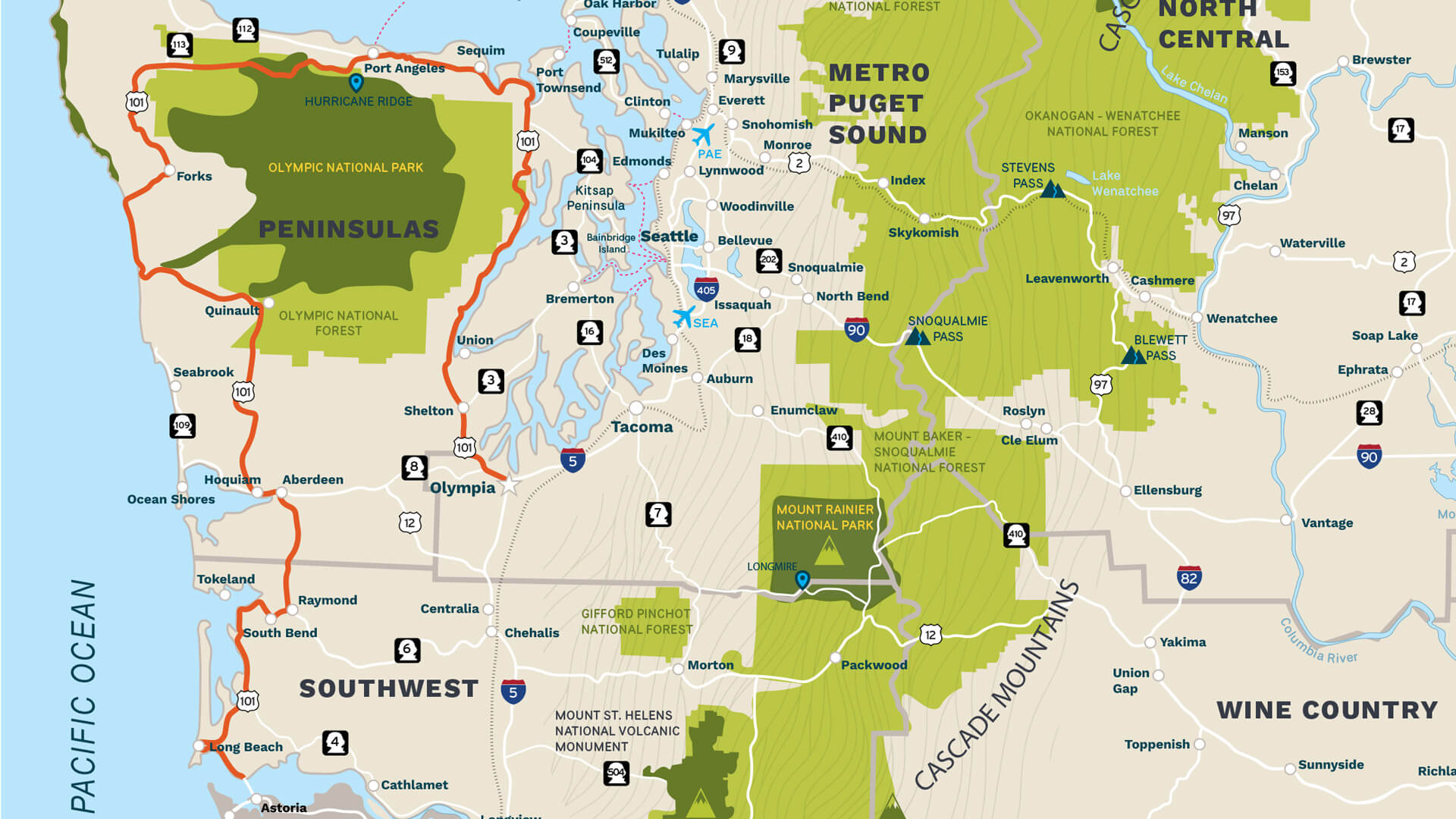 Map of Pacific Coast Scenic Byway in Washington