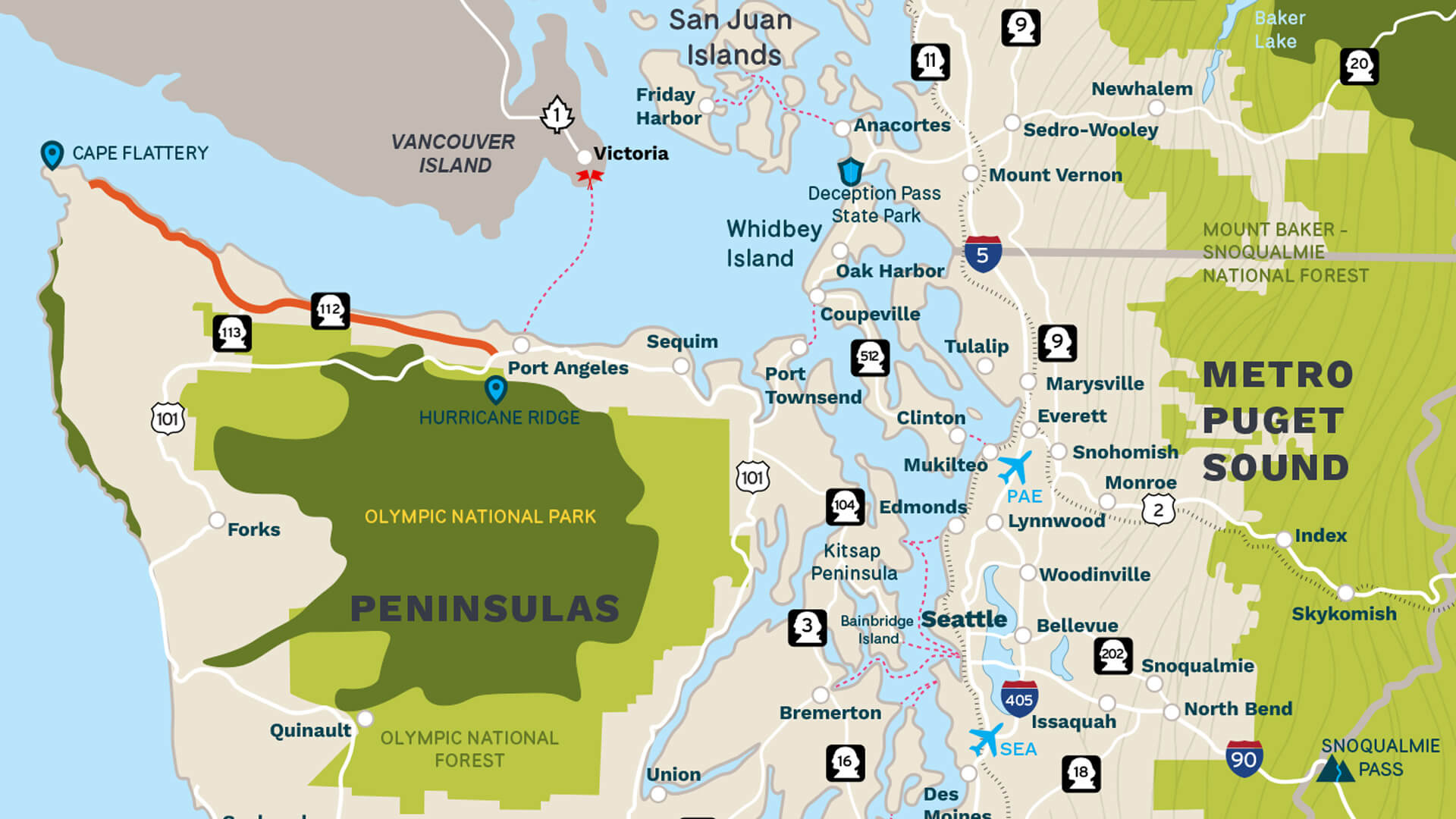 Map of the Strait of Juan de Fuca Highway