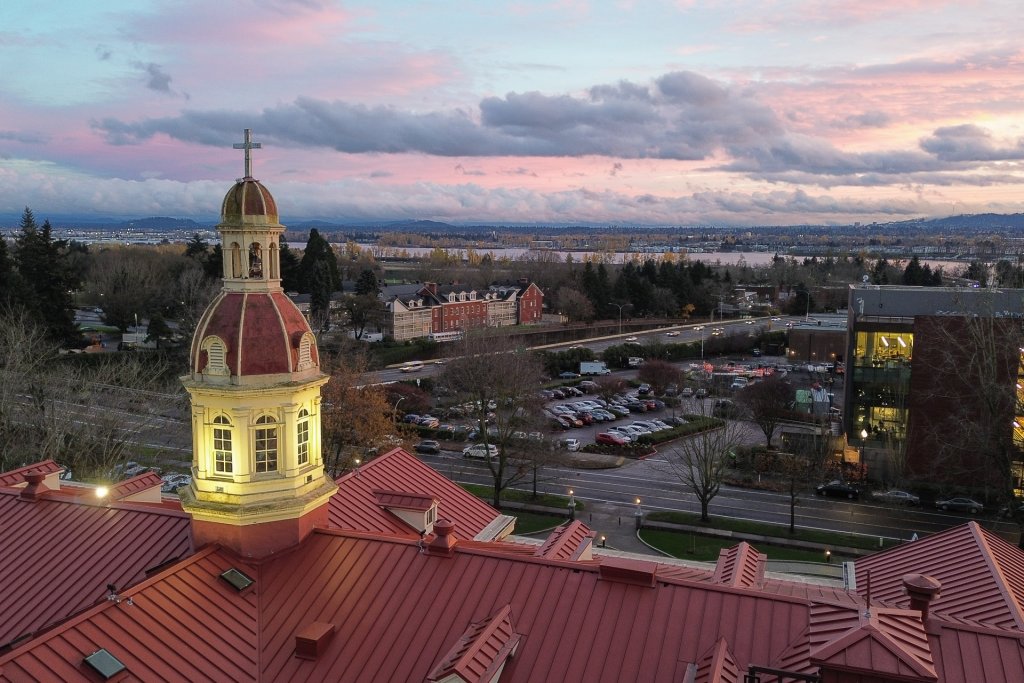 The red roof and copula at sunset