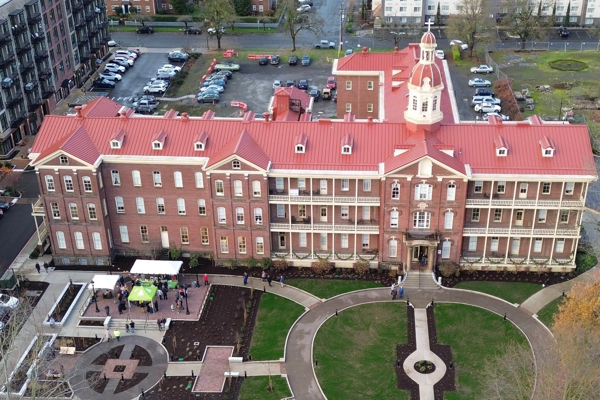 View of Providence Academy and the Sacred Heart Plaza 